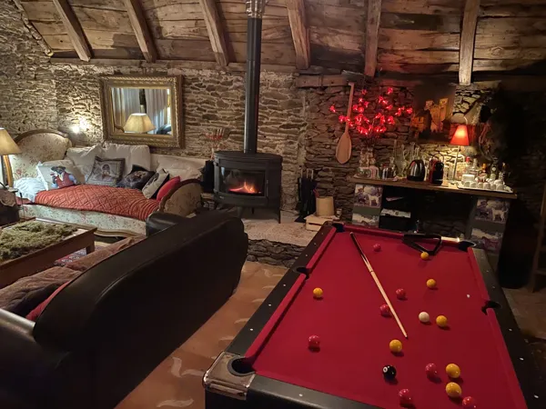 Dans le salon bibliothèque en accès libre : 
billard américain, piano, poêle à bois, espace tisanerie/café, bar, réfrigérateur….